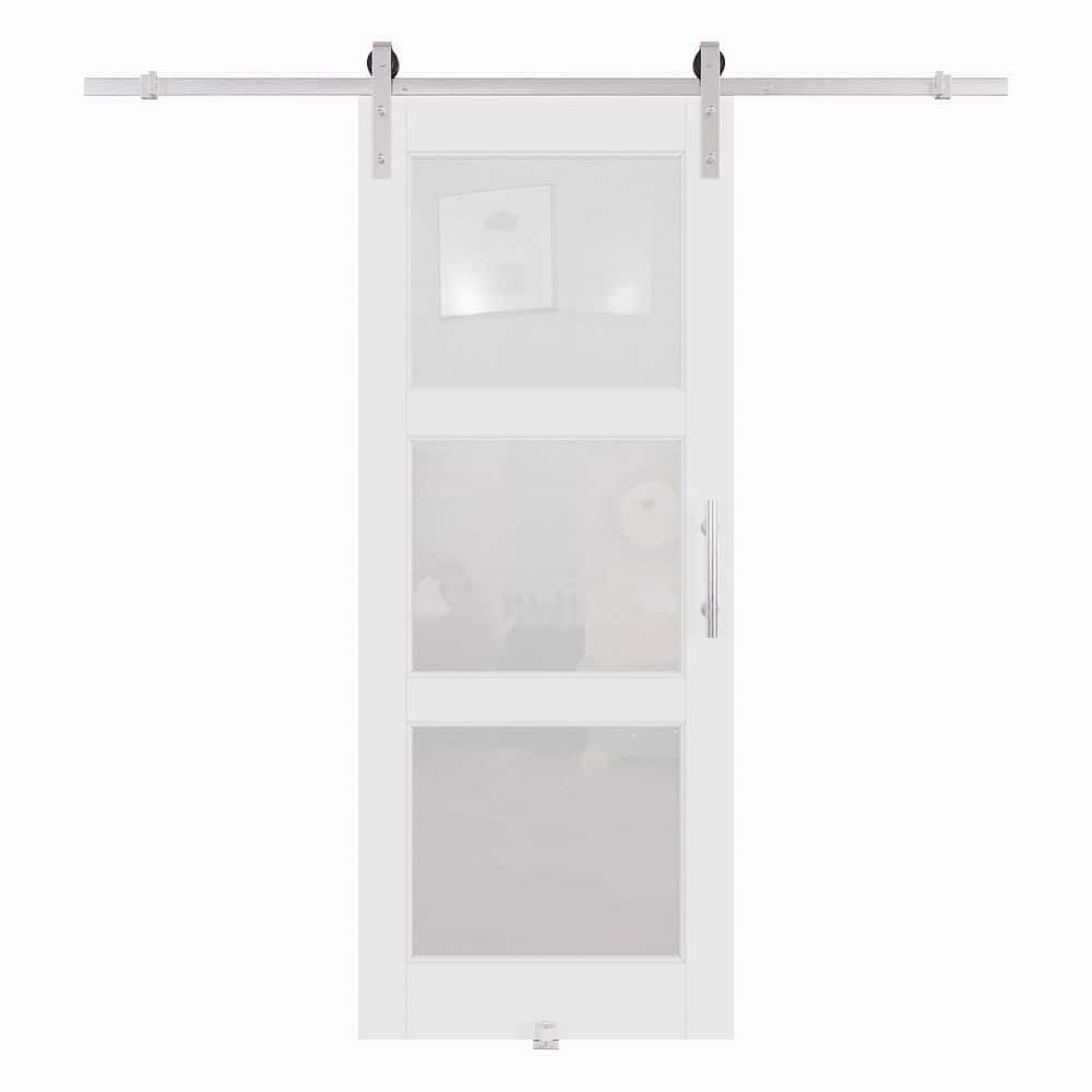 32 in. x 80 in. 3 Lite Frosted Glass White Primed MDF Brushed Nickel Sliding Barn Door with Hardware Kit and Handle price history on PriceWatchPro