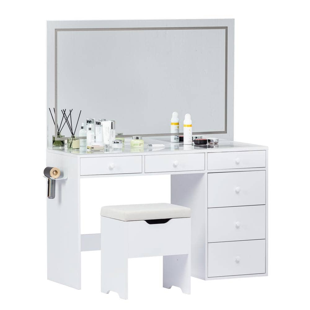 VECELO Vanity Set with LED Lighted Mirror and Power Outlet, 2-Piece White Makeup Vanity Set Drawers, Cabinet and Storage Stool