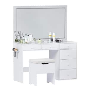 Vanity Set with LED Lighted Mirror and Power Outlet, 2-Piece White Makeup Vanity Set Drawers, Cabinet and Storage Stool