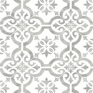 56 sq. ft. Harbor Mist Encaustic Faux Tile Unpasted Wallpaper Roll