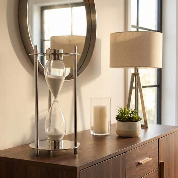 Silver/Beige 7 in. x 15 in. Glass Cylindrical Hourglass Timer Sculpture with Vertical Metal Frame