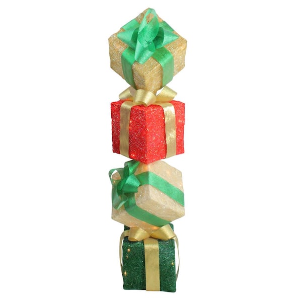 Northlight 45 in. Christmas Lighted Sisal Gift Box Tower Yard Art Decoration