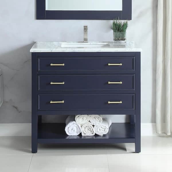 HOMEVY STUDIO Smania 36 in. W x 22 in. D x 35.63 in. H Single Sink Freestanding Bath Vanity in Marine Blue with Carrara Marble Top
