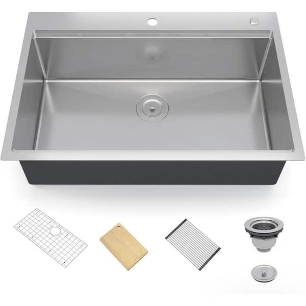Stainless Steel Drop-in Kitchen Sink without Ledge, Single Bowl with Drainboard, Cutting Board, Rack, Colander, Strainer