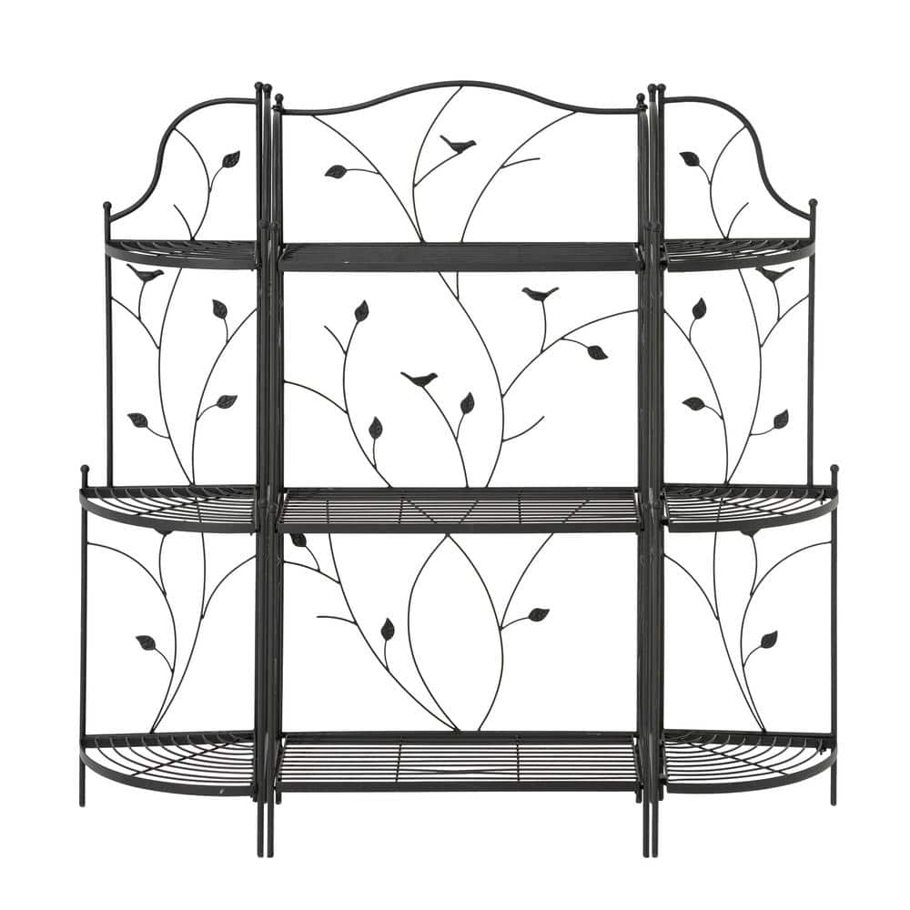 Black Metal 3-Tier Rectangular Plant Stand with Vines and Birds
