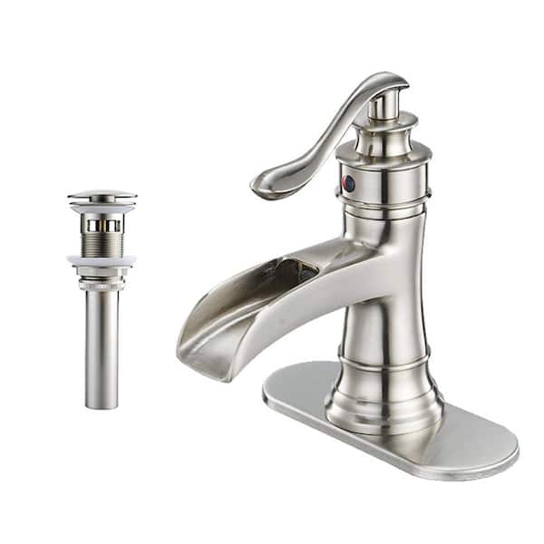 Waterfall Single Hole Single-Handle Bathroom Faucet for Vessel Sink with Drain Assembly and Deck Plate in Brushed Nickel
