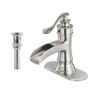 Waterfall Single Hole Single-Handle Bathroom Faucet for Vessel Sink with Drain Assembly and Deck Plate in Brushed Nickel