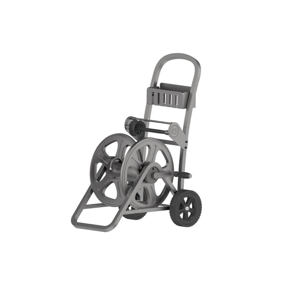 Gray Steel Mobile Garden Hose Cart with Basket