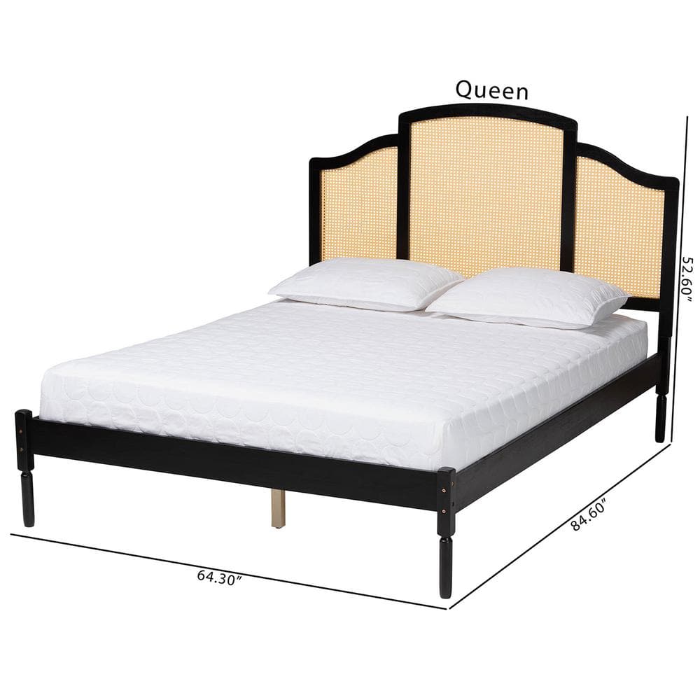 Queen Black Wood Platform Bed with Woven Rattan Headboard