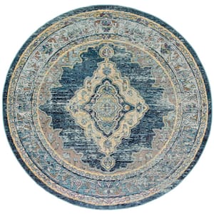 Crystal Blue/Yellow 7 ft. x 7 ft. Border Medallion Round Area Rug