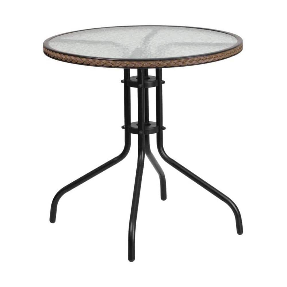 Round Tempered Glass Metal Outdoor Side Table with Dark Brown Rattan Edging