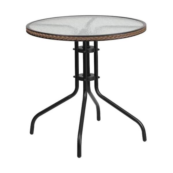 Unbranded Round Tempered Glass Metal Outdoor Side Table with Dark Brown Rattan Edging