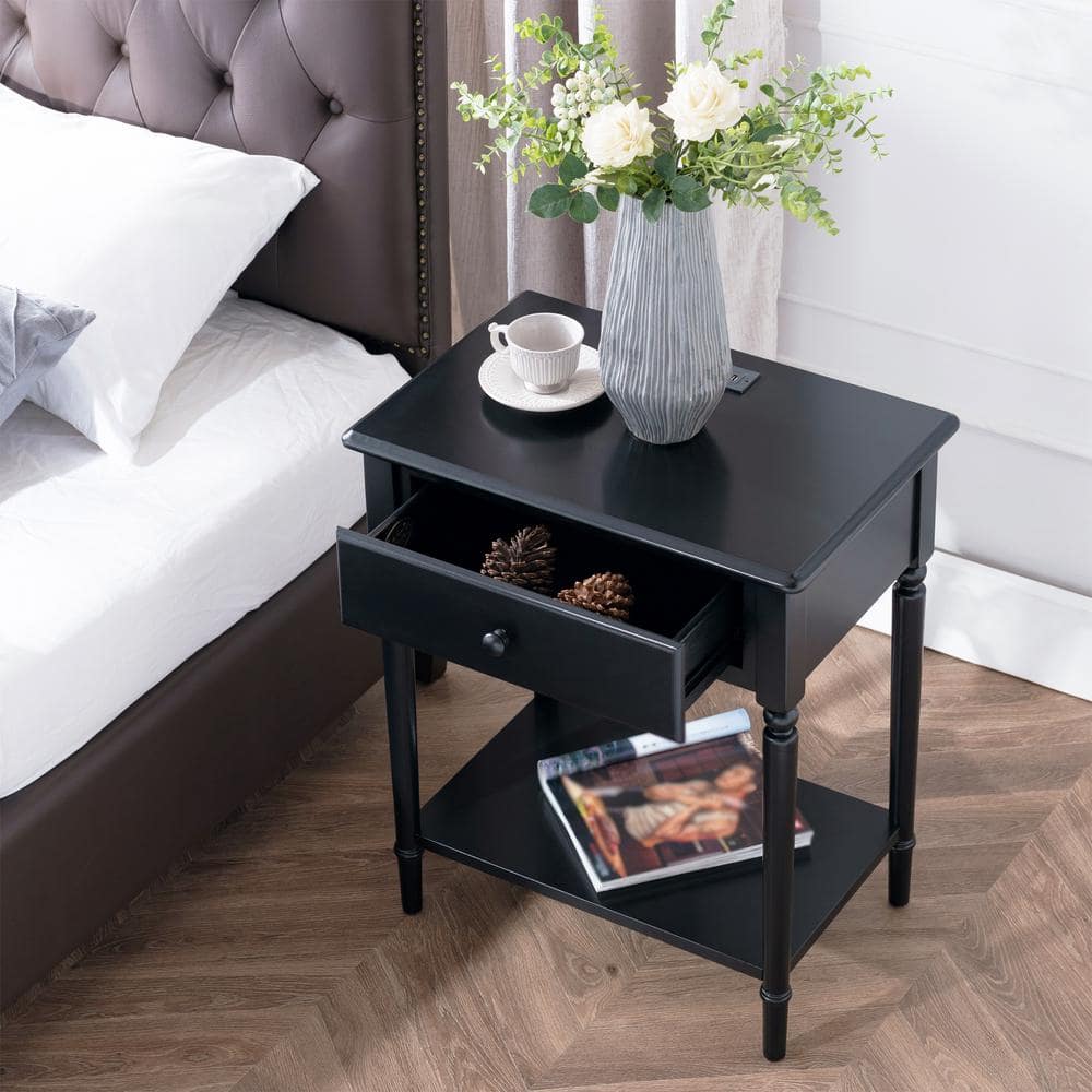 Swan Black Coastal 24" Solid Wood Nightstand with USB-C Charging