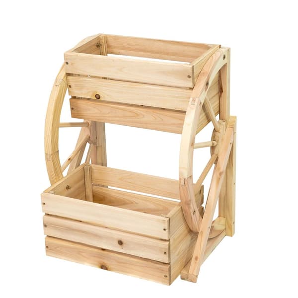 2-Tier Fir Wood Wagon Wheel Planter - Natural