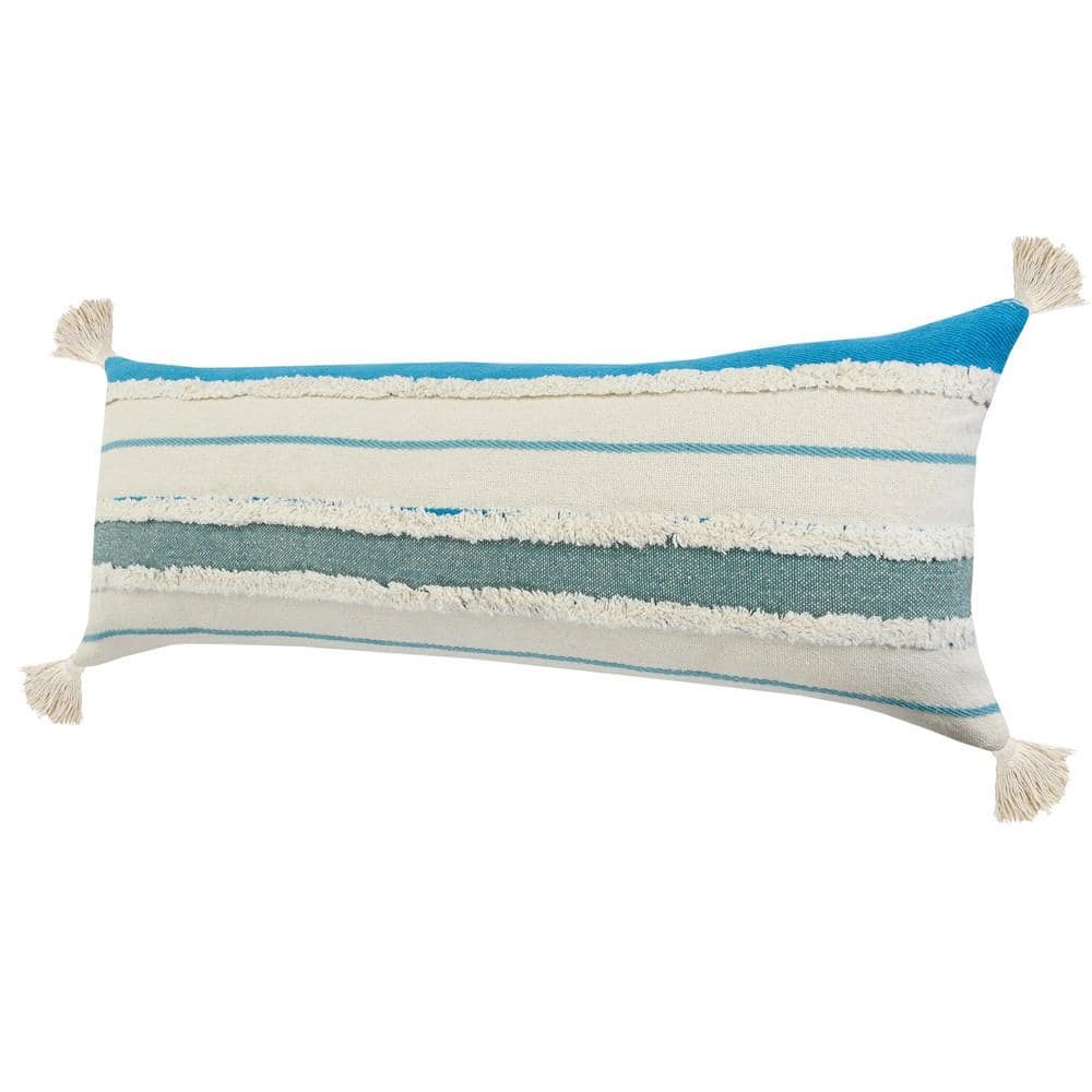 Aqua and White Bohemian Quarry Striped Lumbar Pillow, 14" x 36"