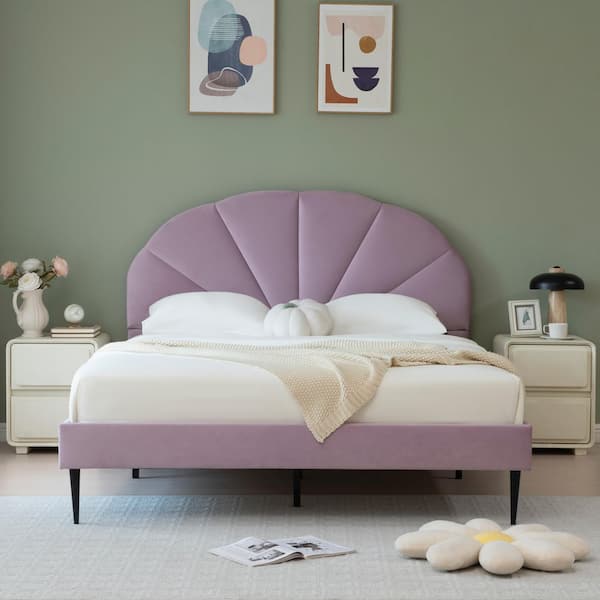 Ahokua Purple Frame Queen Size of Luxury Velvet Platform Bed with Seashell-Shaped Headboard