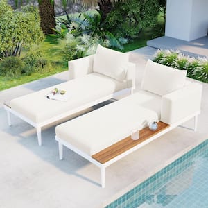 White Metal Outdoor Chaise Lounge with Beige Cushions Wood Topped Side Spaces for Poolside, Balcony, Deck