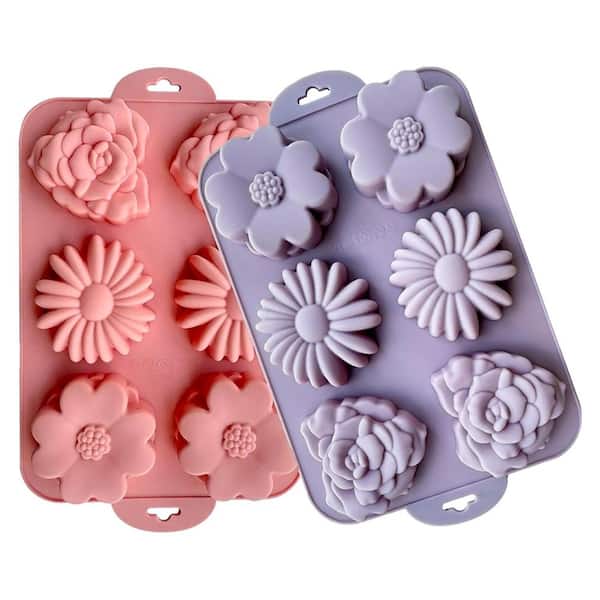 2 Pack 6-Cup Silicone Flower Cake Pan Daisy Rose Heart Chocolate Mold for Baking Muffin Jelly Pudding Soap