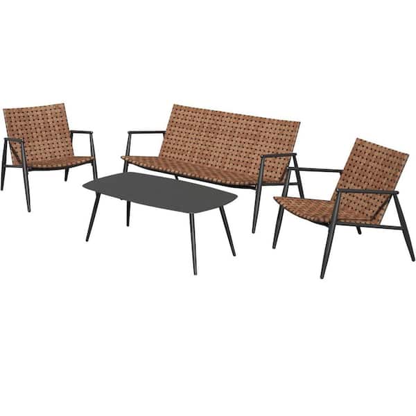 4-Piece Wicker Rattan Patio Conversation Set Outdoor Adirondack Chairs and Table Set
