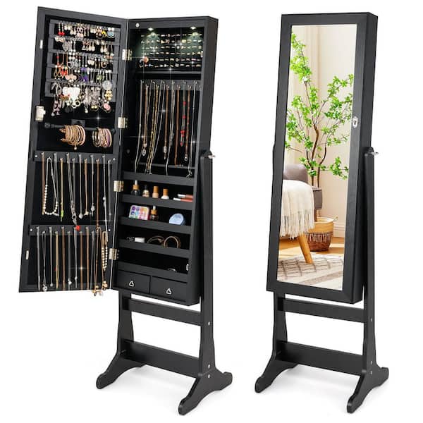 16 in. x 57.5 in. Black Freestanding MDF Jewelry Armoire Storage Organizer Box with Full-Length Mirror and Lights