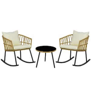 3-Piece Wicker Round Outdoor Dining Set with Cream White Cushions