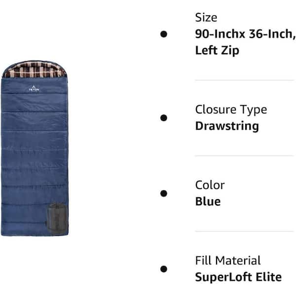 TETON SPORTS 90 in. 25-Degree Left Zipper Sleeping Bag, Cot 103L