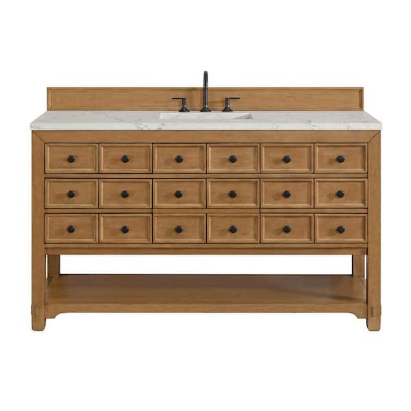 Malibu 60.0 in. Single Bath Vanity in Amber Birch with Wireless Charging Victorian Silver Quartz Top