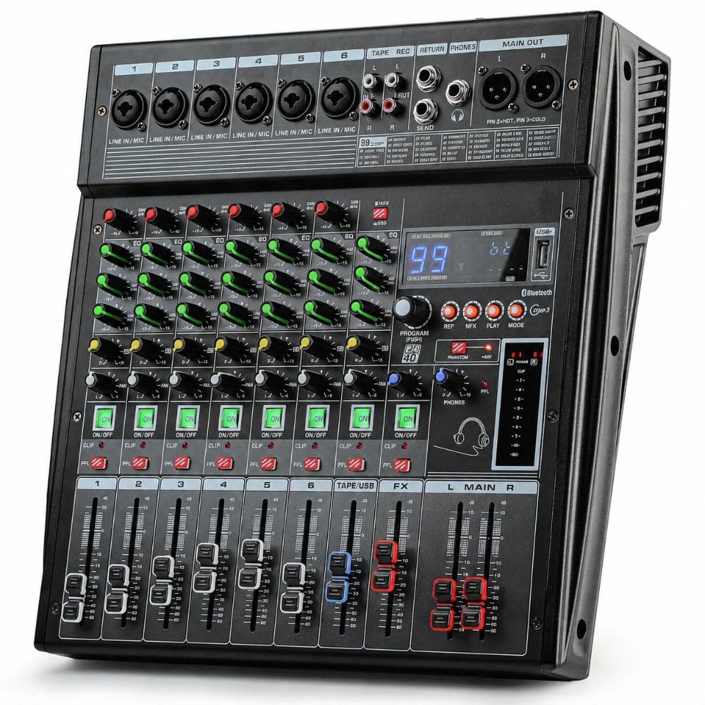 PBTEK 6 Channel Professional Audio Mixer FX 6usb Mixing Console with XLR Inputs Bluetooth 99 DSP Effects in Black 1 Pack