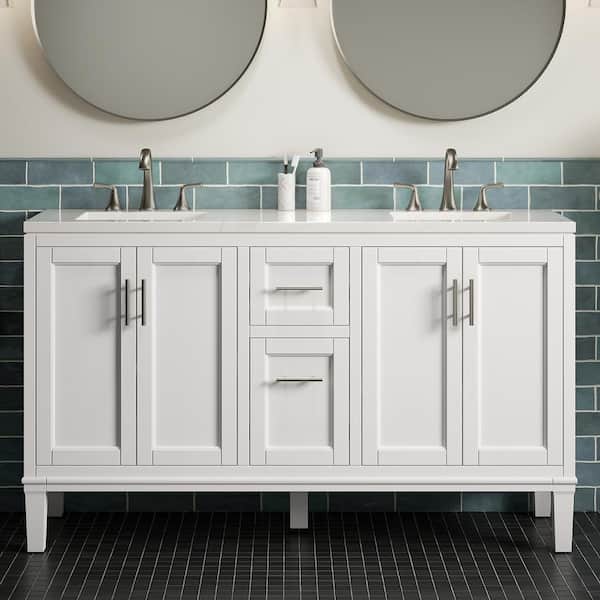 Chesil 60in. Double Sink Freestanding White Bath Vanity with Bianco Bella Quartz Top Assembled