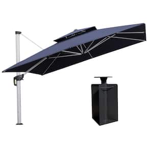 12 ft. Square High-Quality Aluminum Cantilever Polyester Outdoor Patio Umbrella with Base in Ground, Navy Blue