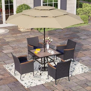 Black 6-Piece Metal Patio Outdoor Dining Set with Wood-Look Square Table, Umbrella and Rattan Chairs with Blue Cushion
