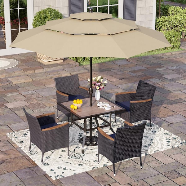PHI VILLA Black 6-Piece Metal Patio Outdoor Dining Set with Wood-Look Square Table, Umbrella and Rattan Chairs with Blue Cushion