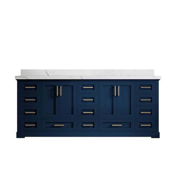 Willow Collections Boston 84 in. W x 22 in. D x 36 in. H Double Sink Bath Vanity in Navy Blue with 2" Calacatta Quartz Top