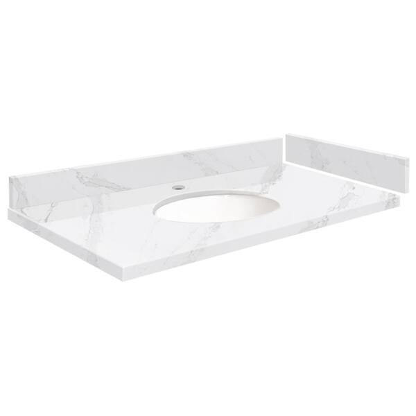 Transolid Silestone 34.5 in. W x 22.25 in. D Quartz White Round Single Sink Vanity Top in Calacatta Gold