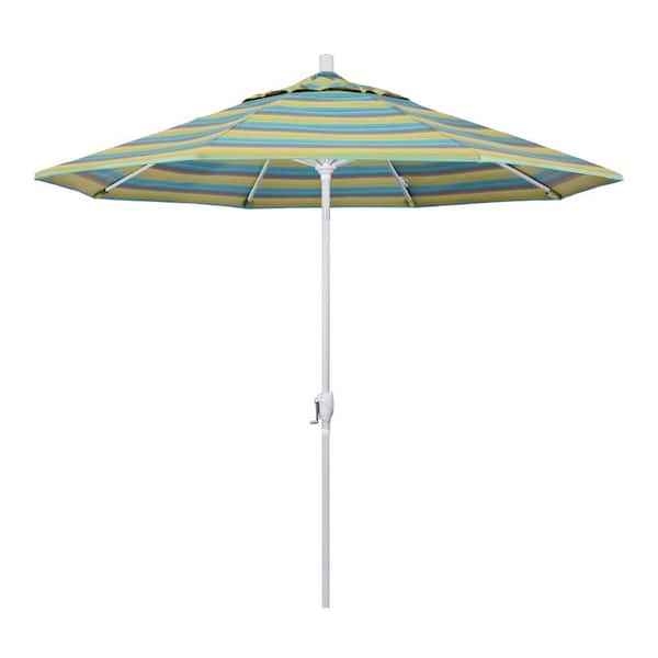 California Umbrella 9 ft. Matted White Aluminum Push Button Tilt Crank Lift Market Patio Umbrella in Astoria Lagoon Sunbrella