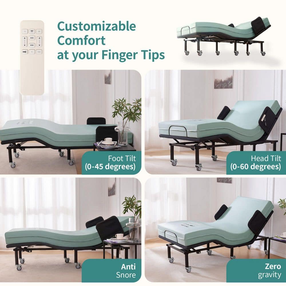 Black Twin XL Adjustable Bed Frame Bed Rails Plus 6 in. Egg Crate Mattress, Wireless Remote, Brake Wheel Legs - thumbnail 3