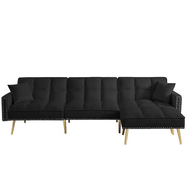 ZIRUWU 34.65 in. Width Black Velvet Twin Upholstered Reversible Sectional Sofa Bed