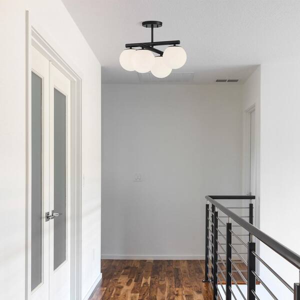 Crown Heights 18 in. 4-Light Matte Black Transitional Entryway Semi-Flush Mount with Etched Glass Shades