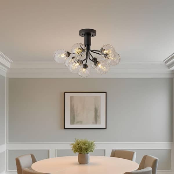 Ceder 9-Light 23.2 in.W Matte Black Semi Flush Mount Modern Sputnik Ceiling Light with Water Glass Globe for Kitchen