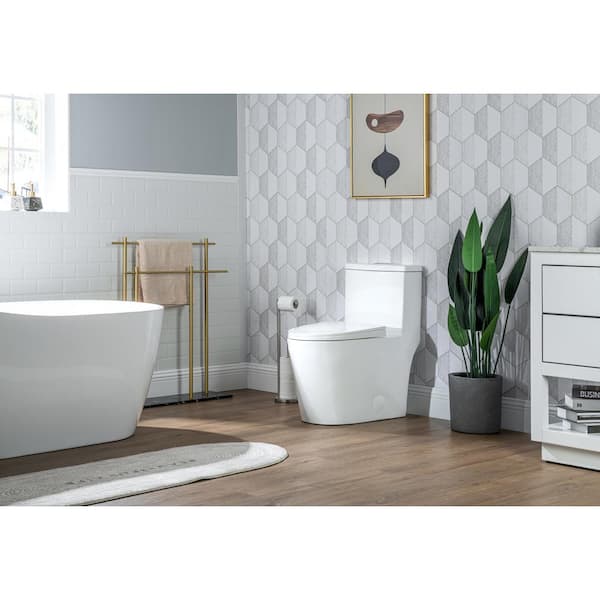 Rough in 12 in. 1-Piece Toilet 0.9 GPF/1.28GPF Dual Flush Elongated Skirted Toilet in White Seat Included