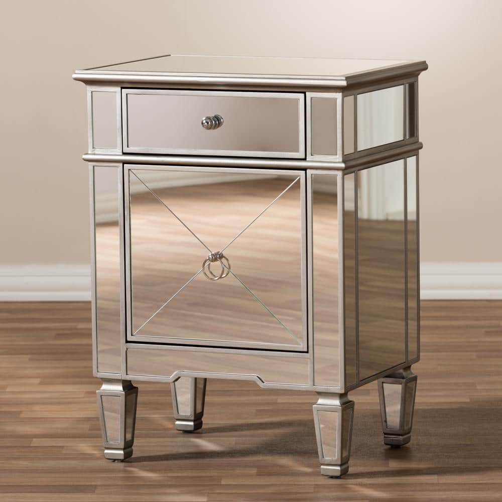 Claudia Silver Mirrored 1-Drawer Nightstand with Crosshatch Detail
