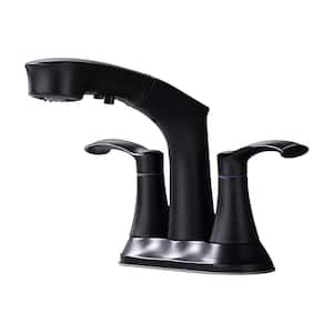 4 in. Centerset Double Handle Bathroom Faucet with Pull Out Multi Functional Sprayer in Matte Black