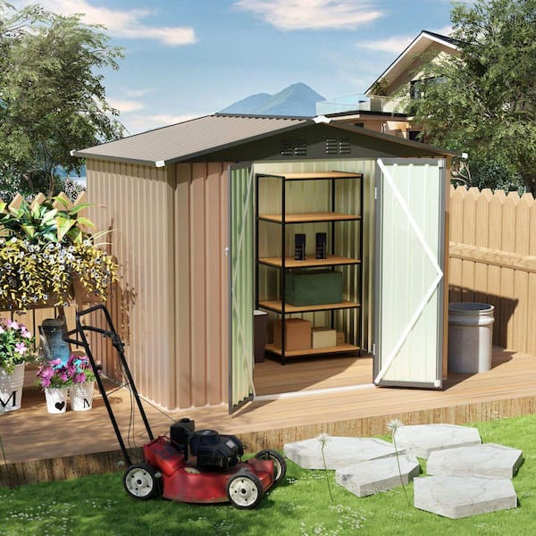 8 ft. W x 6 ft. D Metal Outdoor Storage Shed with Apex Roof for Patio Backyard, Brown (48 sq. ft.)