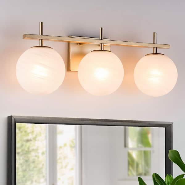 Maxax Raleigh 22 in. 3-light Modern Gold Dimmable Vanity Light With White Cloud Glass Lampshade