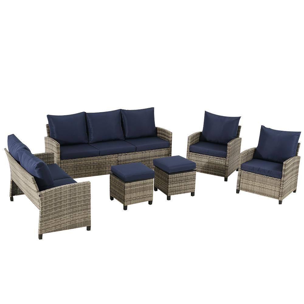 All-Weather 6-Piece Grey Wicker Outdoor Sectional Set, Patio Rattan Convers
