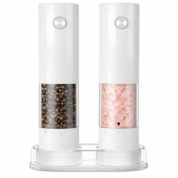2-Pack Electric Salt and Pepper Grinder Set with External Adjustable Coarseness for Cooking, Home Gifts, White