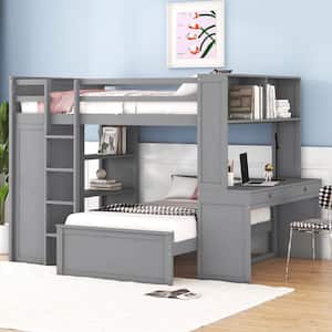 Gray Full Size Wood Bunk Bed with Wardrobe, Shelves, Desk and Drawers