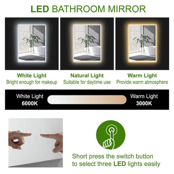 Evokor 24 x 32 inch LED Smart Bathroom Mirror with Lights, Anti Fog Lighted Vanity Mirror with Weather Time Wall Mounted, White/Warm/Natural Light