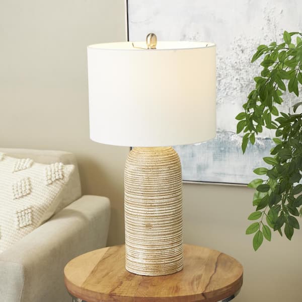 27 in. Brown Wood Task and Reading Table Lamp with White Drum Shade