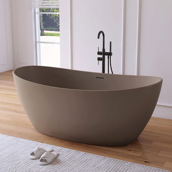 Cyrena 65 in. x 33.5 in. Stone Resin Solid Surface Flatbottom Freestanding Soaking Bathtub in Warm Gray